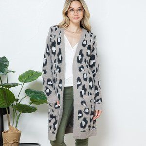Eyelash Yarn Animal Print Open Cardigan with Patch Pockets